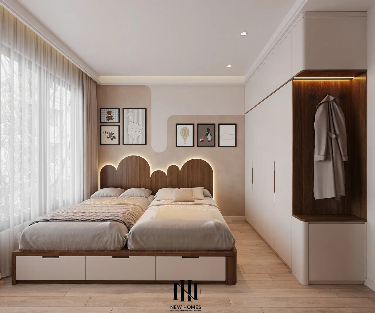 Căn 2PN Japandi — TC2 Vinhomes Smart City — phòng ngủ 2, thiết kế 3d