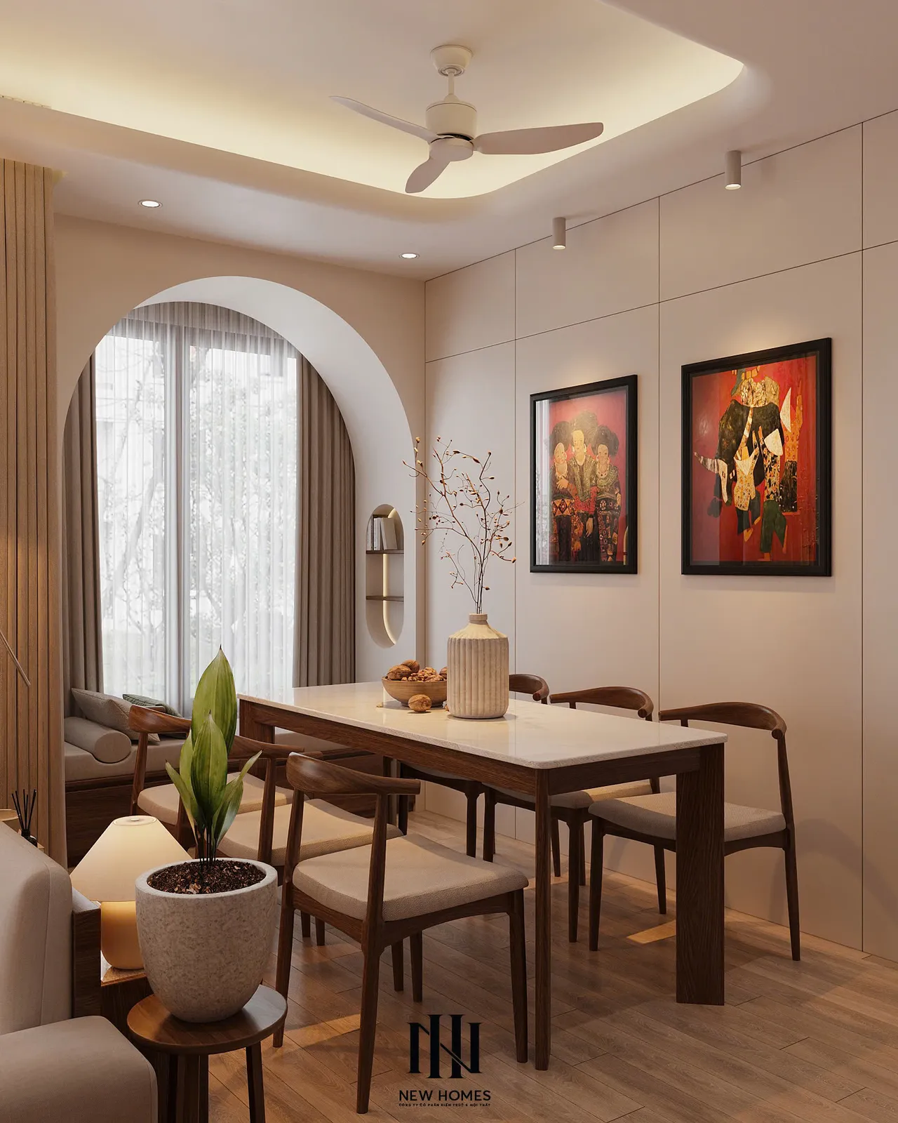 Căn 2PN Japandi — TC2 Vinhomes Smart City — bếp – phòng ăn, thiết kế 3d