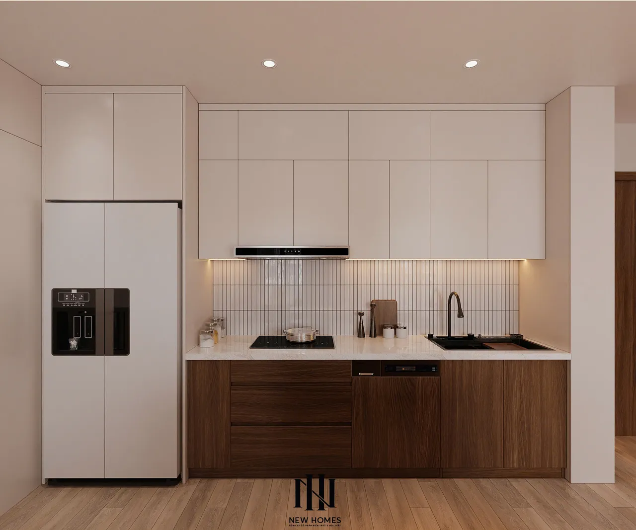 Căn 2PN Japandi — TC2 Vinhomes Smart City — bếp – phòng ăn, thiết kế 3d