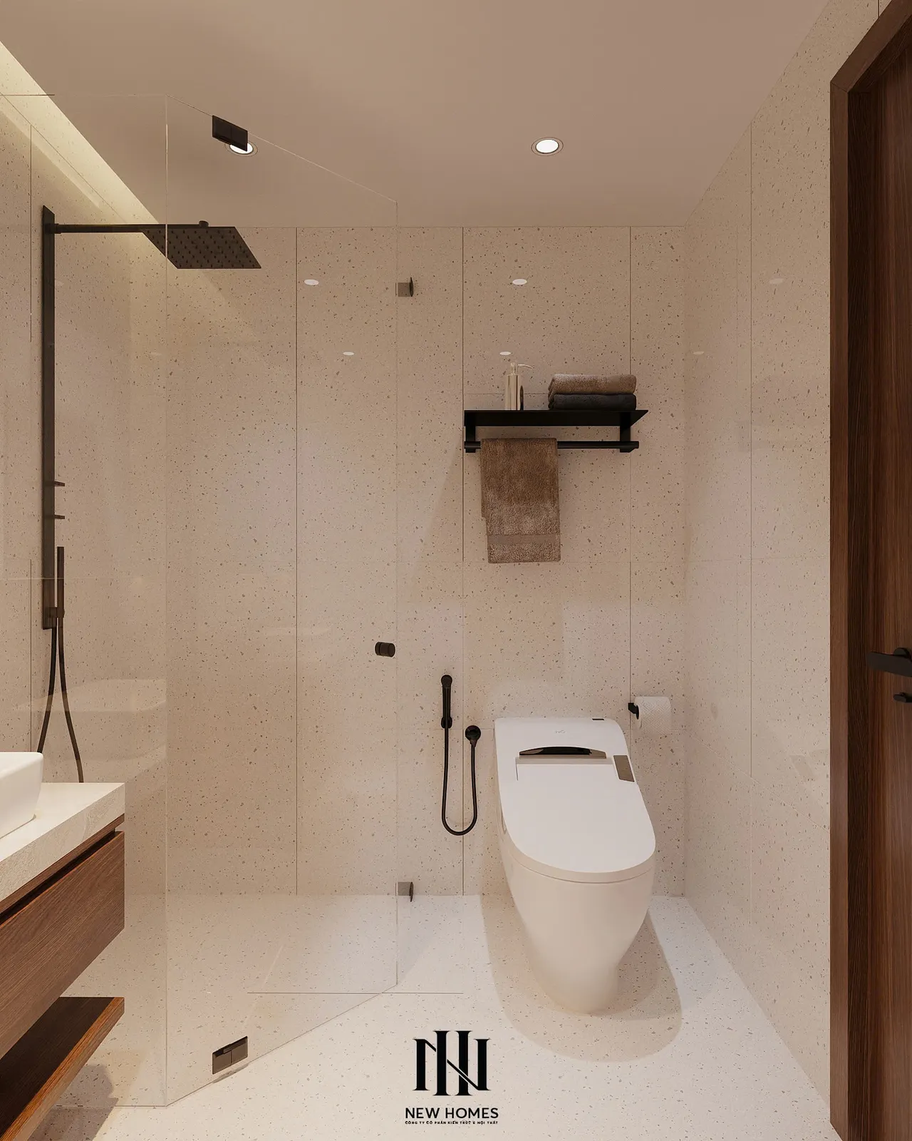 Căn 2PN Japandi — TC2 Vinhomes Smart City — phòng tắm – wc, thiết kế 3d