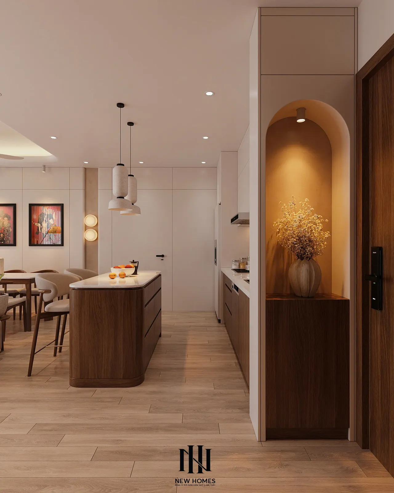 Căn 2PN Japandi — TC2 Vinhomes Smart City — bếp – phòng ăn, thiết kế 3d