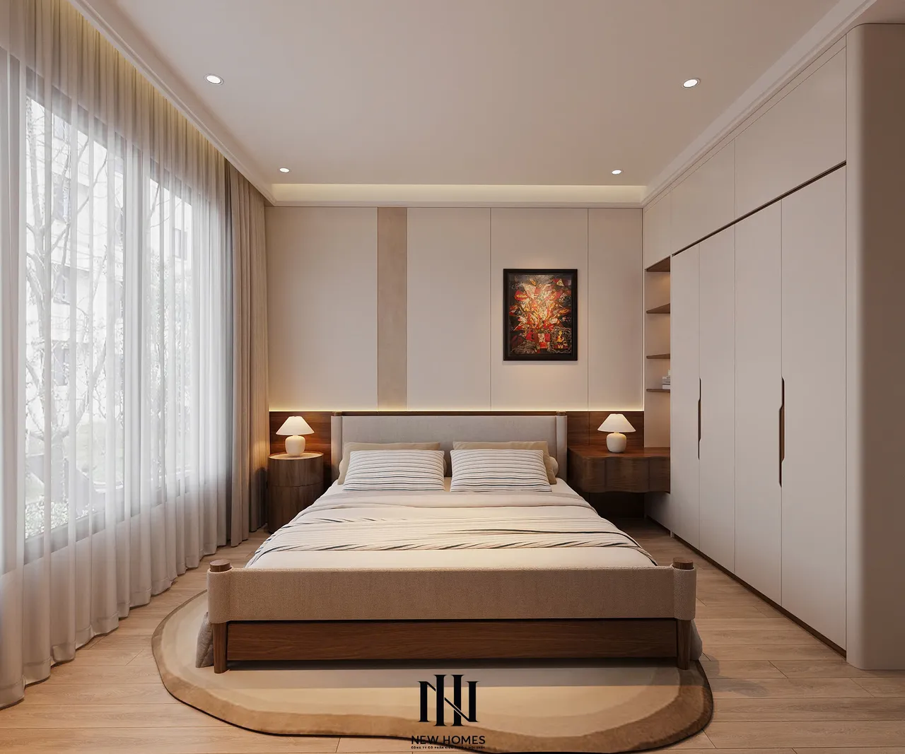 Căn 2PN Japandi — TC2 Vinhomes Smart City — phòng ngủ master, thiết kế 3d