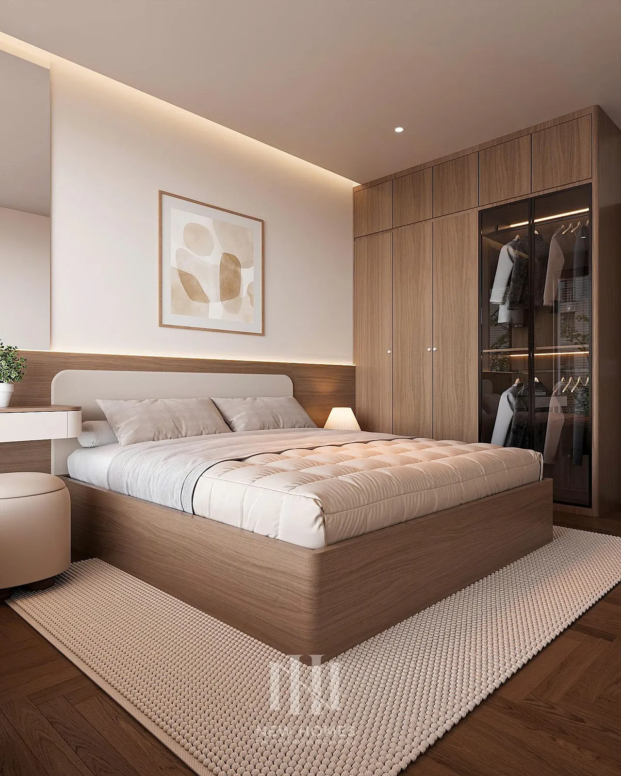 Căn 2PN Hiện đại — The Beverly BE2 Vinhomes Ocean Park — phòng ngủ master, thiết kế 3d
