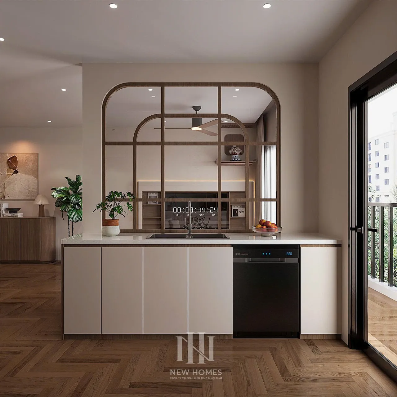 Căn 2PN Hiện đại — The Beverly BE2 Vinhomes Ocean Park — bếp – phòng ăn, thiết kế 3d