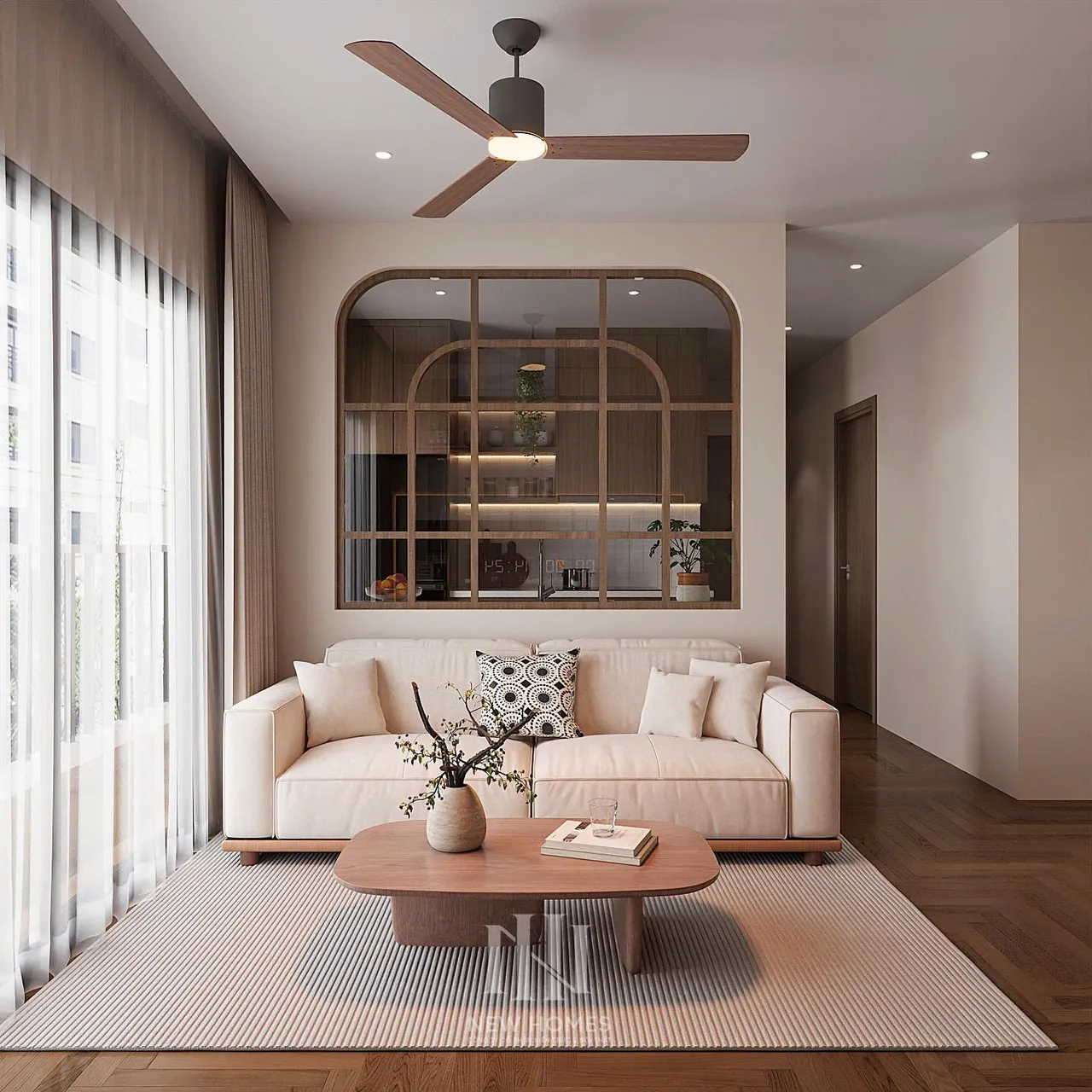 Căn 2PN Hiện đại — The Beverly BE2 Vinhomes Ocean Park — phòng khách, thiết kế 3d