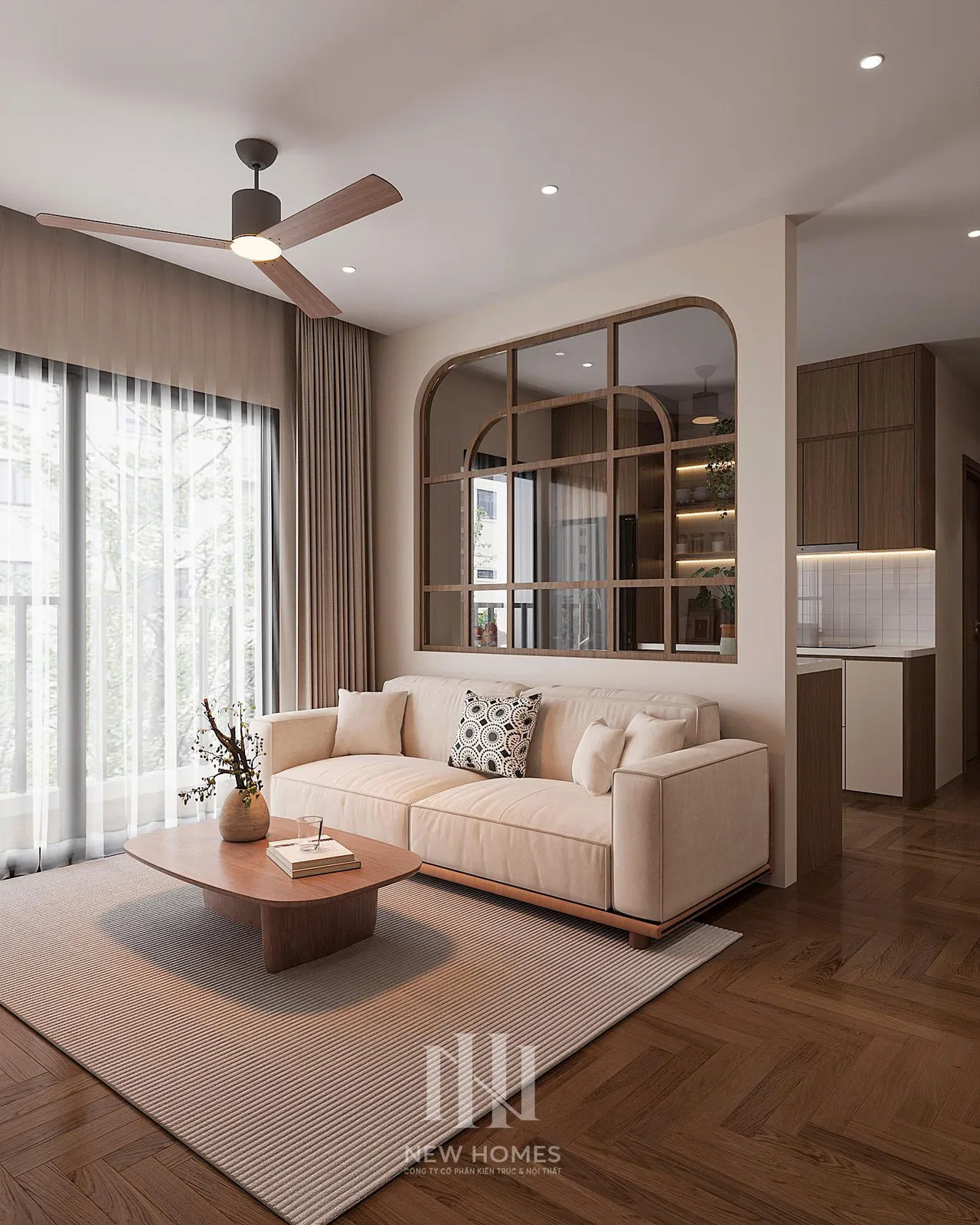 Căn 2PN Hiện đại — The Beverly BE2 Vinhomes Ocean Park — phòng khách, thiết kế 3d