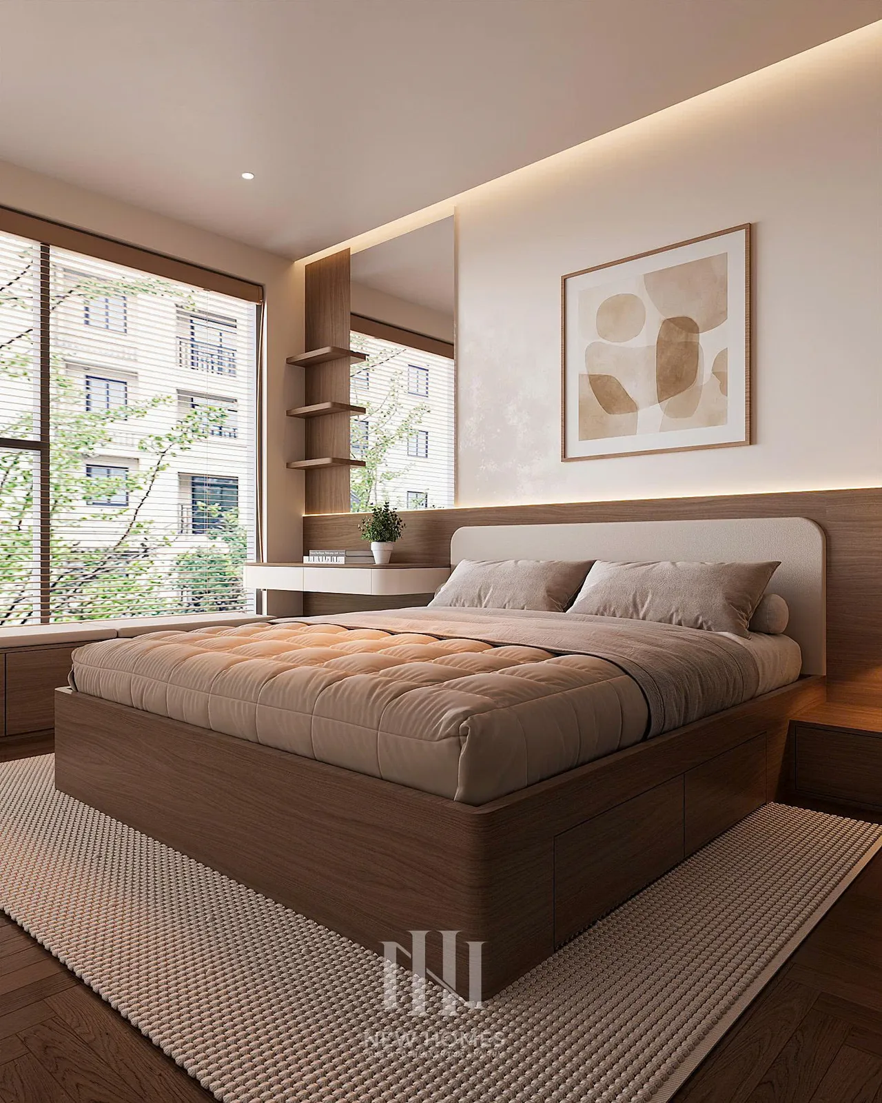 Căn 2PN Hiện đại — The Beverly BE2 Vinhomes Ocean Park — phòng ngủ master, thiết kế 3d