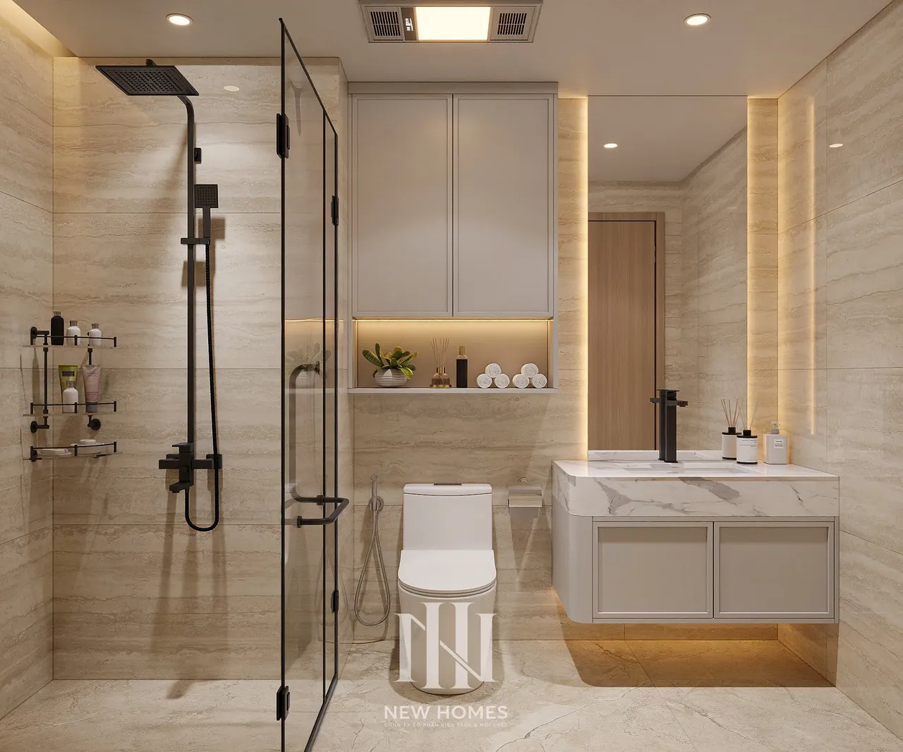 Căn 3PN Japandi — The Beverly BE4 Vinhomes Ocean Park — phòng tắm – wc, thiết kế 3d