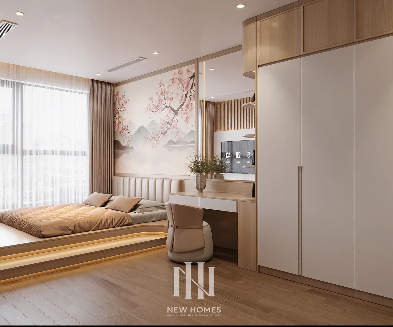 Căn 3PN Japandi — The Beverly BE4 Vinhomes Ocean Park — phòng ngủ master, thiết kế 3d