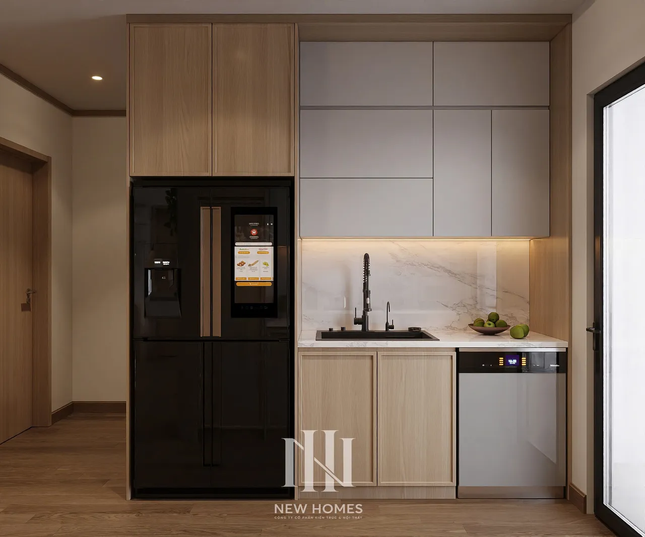 Căn 3PN Japandi — The Beverly BE4 Vinhomes Ocean Park — bếp – phòng ăn, thiết kế 3d