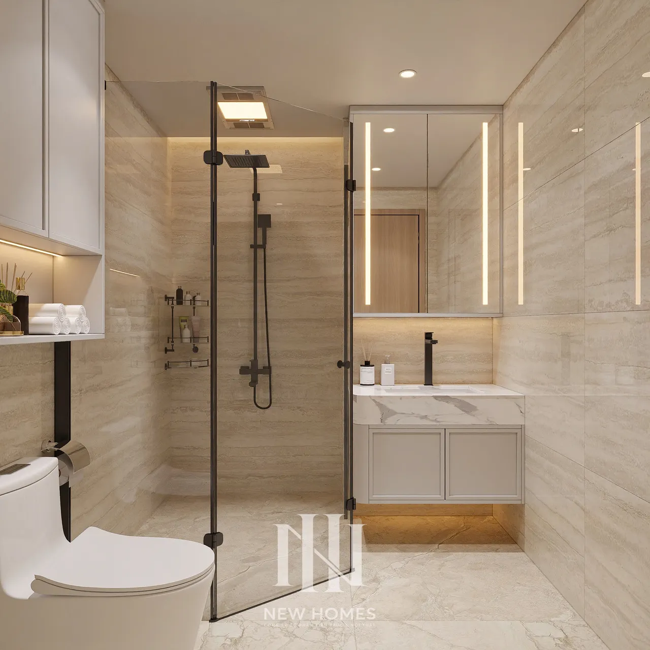 Căn 3PN Japandi — The Beverly BE4 Vinhomes Ocean Park — phòng tắm – wc, thiết kế 3d