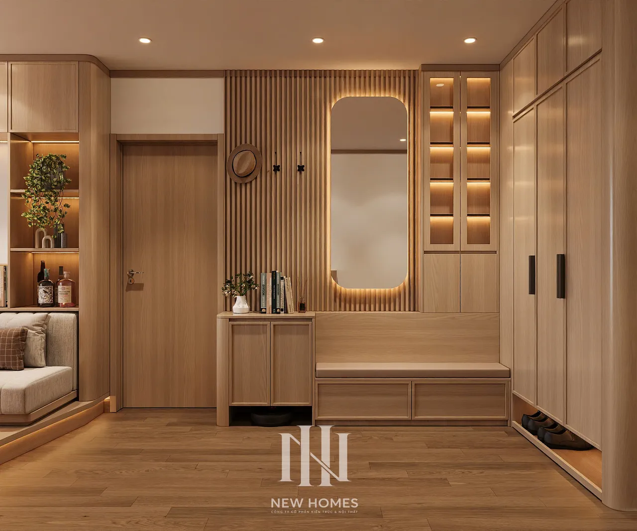 Căn 3PN Japandi — The Beverly BE4 Vinhomes Ocean Park — sảnh – lối vào, thiết kế 3d