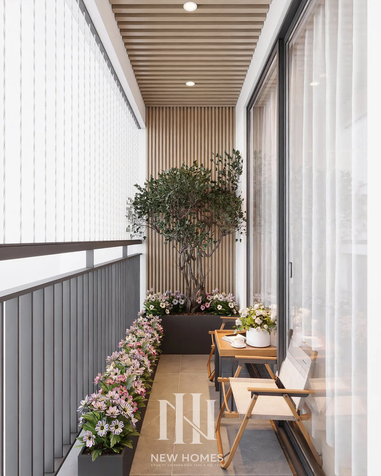 Căn 3PN Japandi — The Beverly BE4 Vinhomes Ocean Park — ban công – lô gia, thiết kế 3d