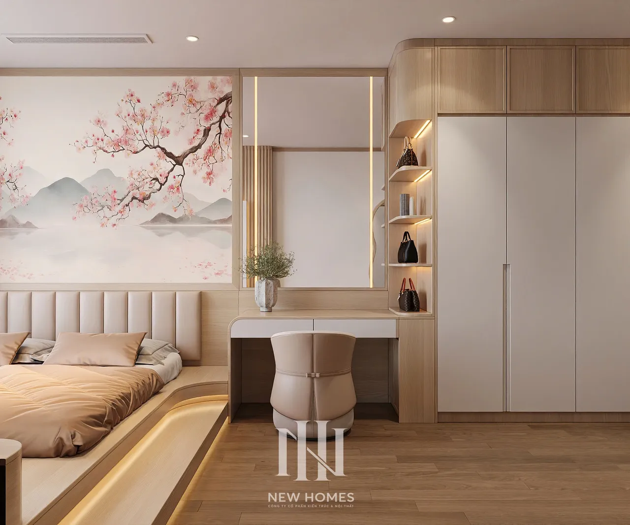 Căn 3PN Japandi — The Beverly BE4 Vinhomes Ocean Park — phòng ngủ master, thiết kế 3d