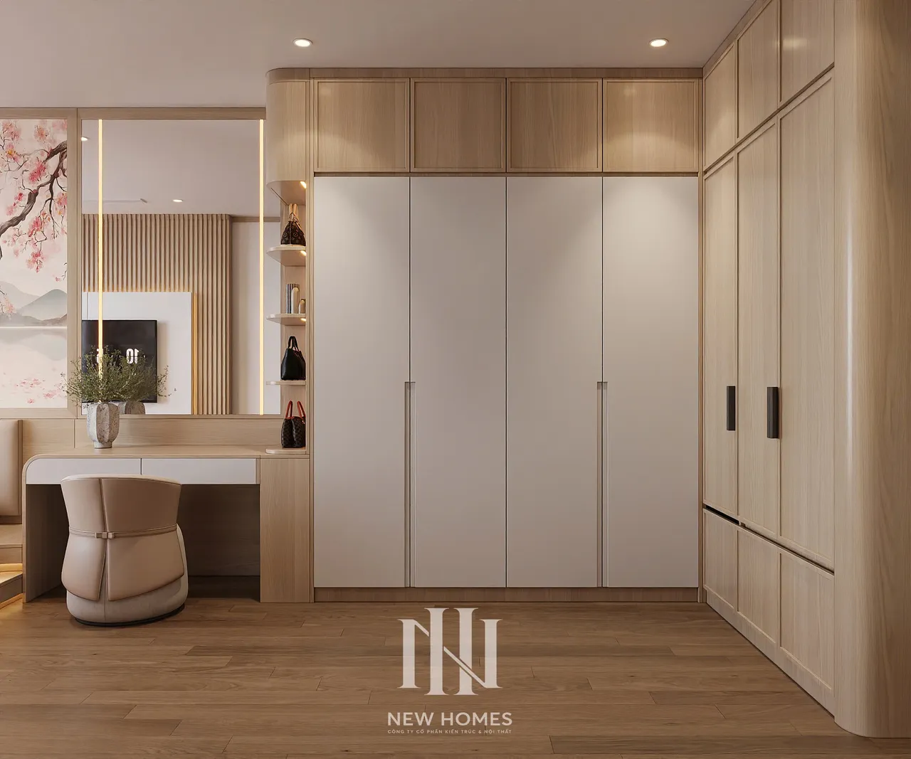 Căn 3PN Japandi — The Beverly BE4 Vinhomes Ocean Park — phòng ngủ master, thiết kế 3d