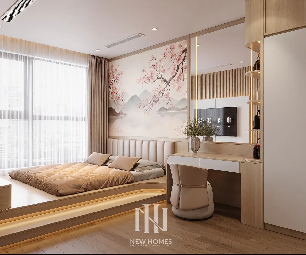 Căn 3PN Japandi — The Beverly BE4 Vinhomes Ocean Park — phòng ngủ master, thiết kế 3d