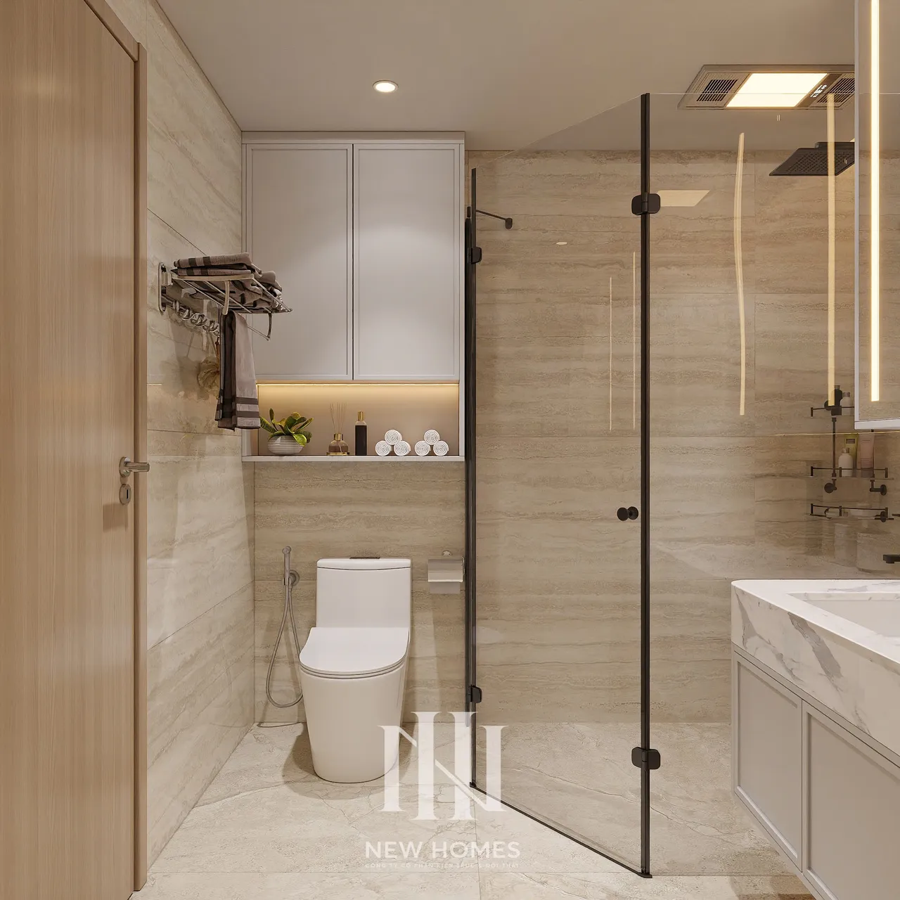 Căn 3PN Japandi — The Beverly BE4 Vinhomes Ocean Park — phòng tắm – wc, thiết kế 3d