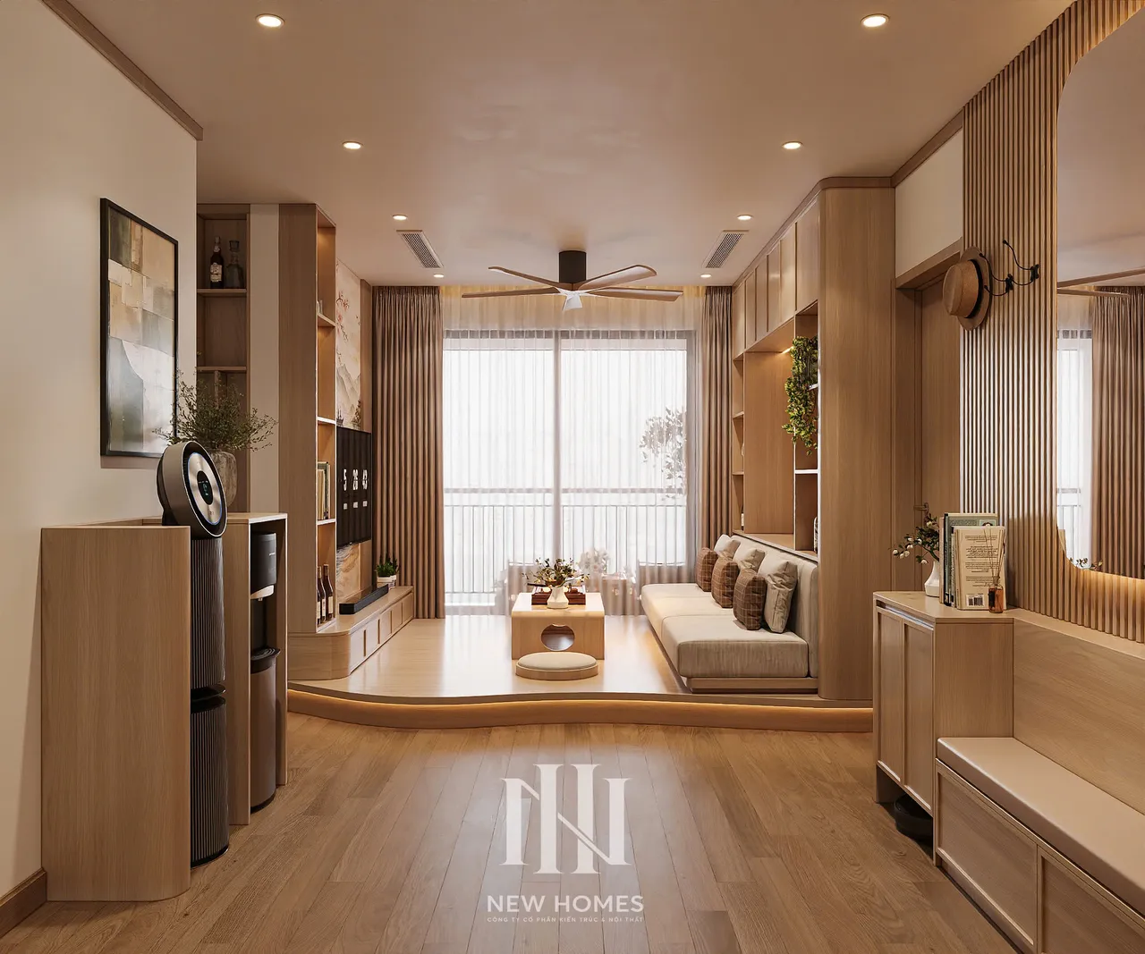Căn 3PN Japandi — The Beverly BE4 Vinhomes Ocean Park — phòng khách, thiết kế 3d