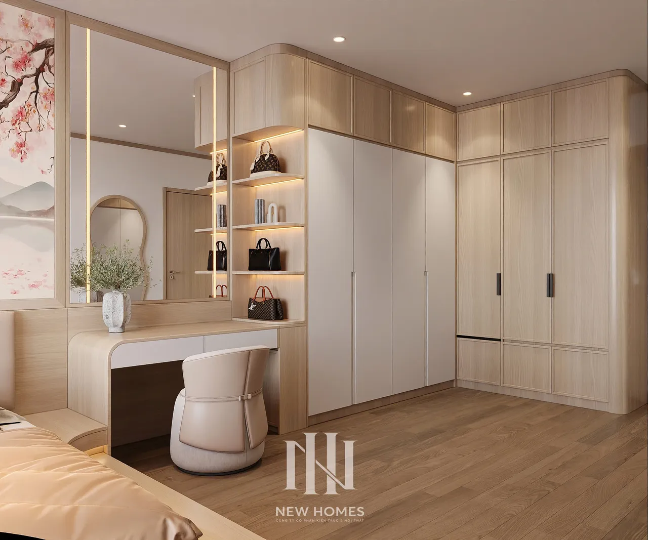 Căn 3PN Japandi — The Beverly BE4 Vinhomes Ocean Park — phòng ngủ master, thiết kế 3d