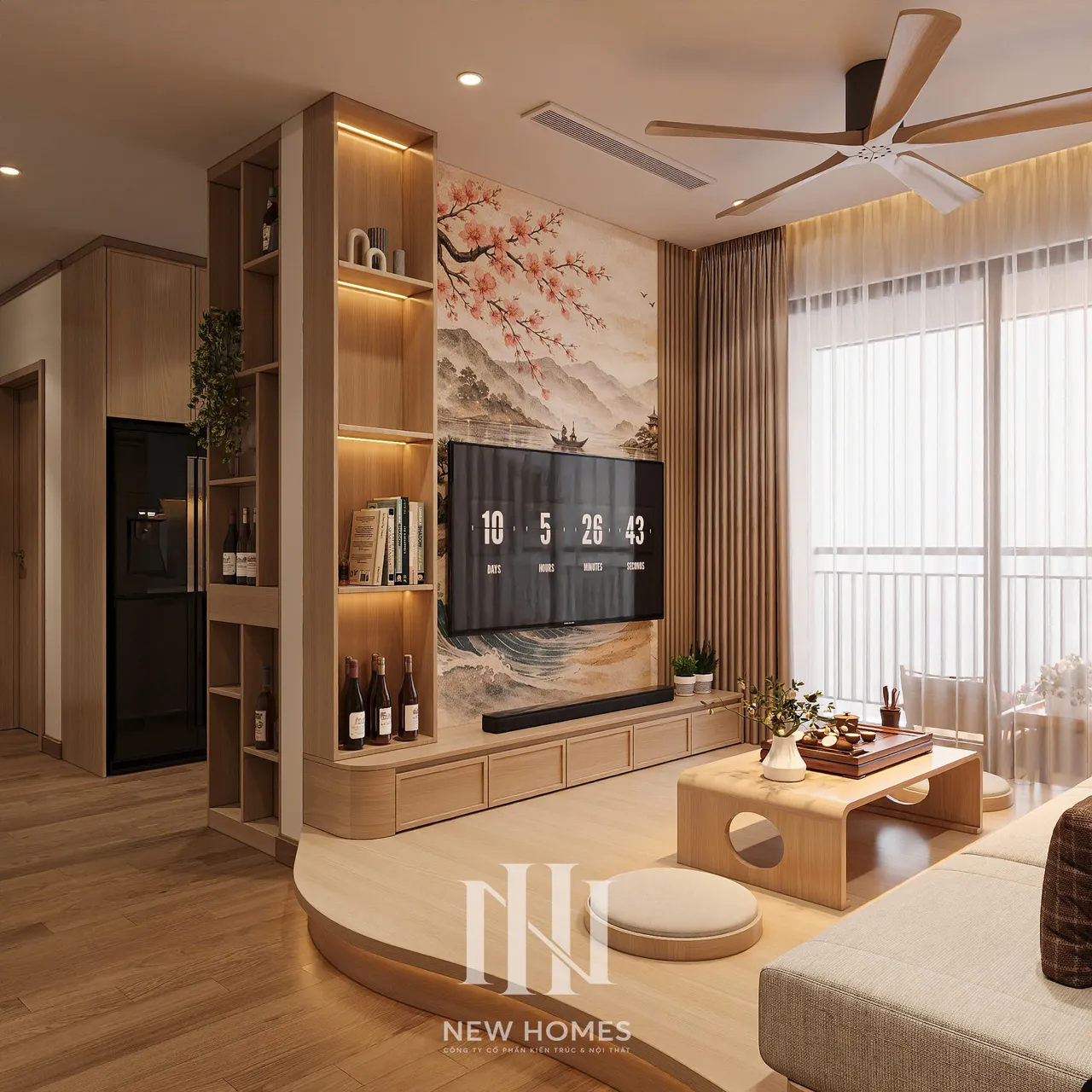 Căn 3PN Japandi — The Beverly BE4 Vinhomes Ocean Park — phòng khách, thiết kế 3d