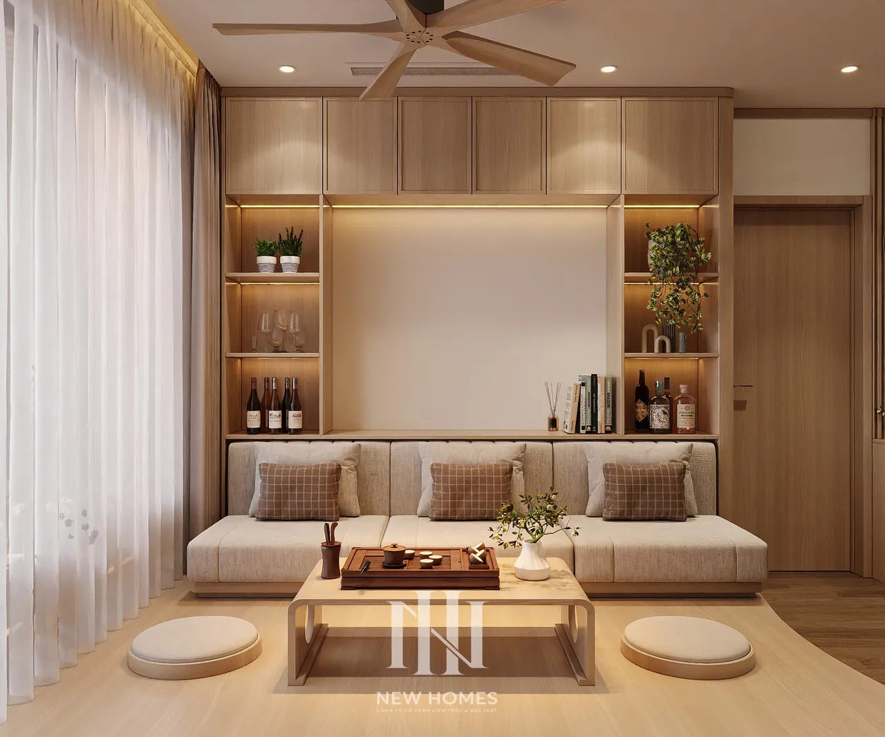 Căn 3PN Japandi — The Beverly BE4 Vinhomes Ocean Park — phòng khách, thiết kế 3d
