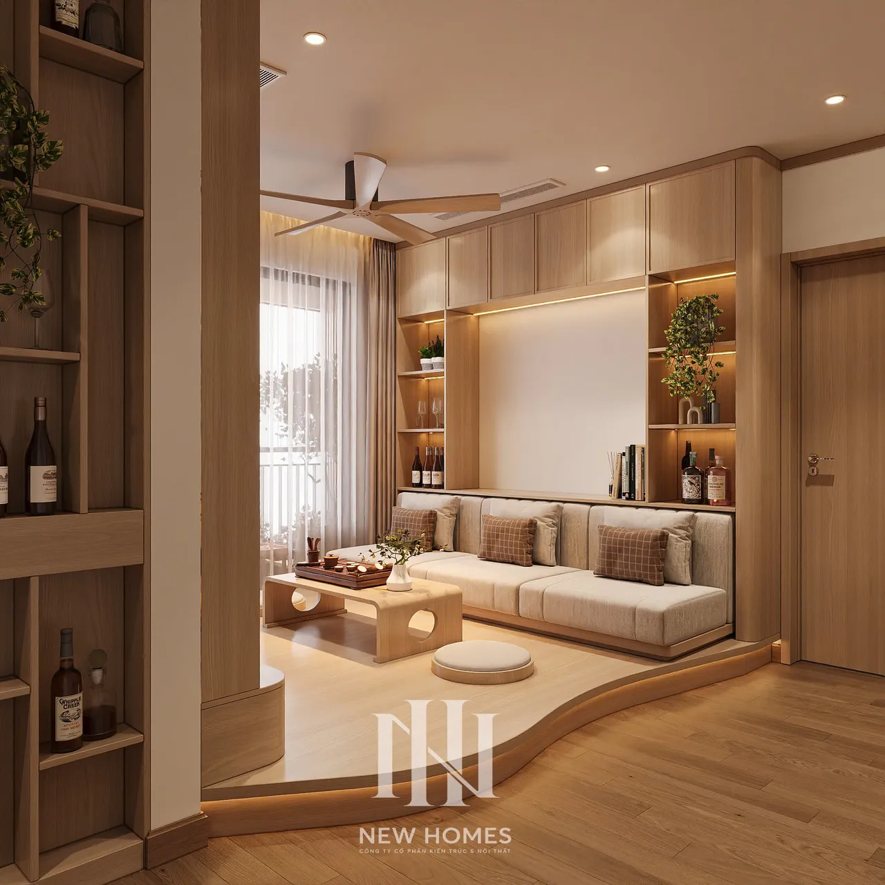 Căn 3PN Japandi — The Beverly BE4 Vinhomes Ocean Park — phòng khách, thiết kế 3d