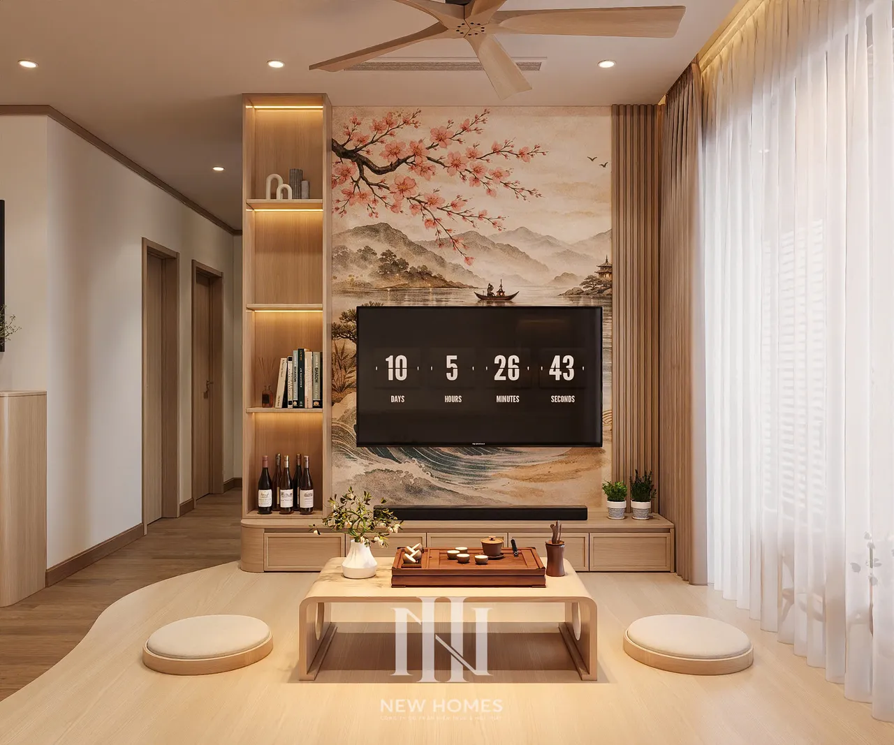Căn 3PN Japandi — The Beverly BE4 Vinhomes Ocean Park — phòng khách, thiết kế 3d
