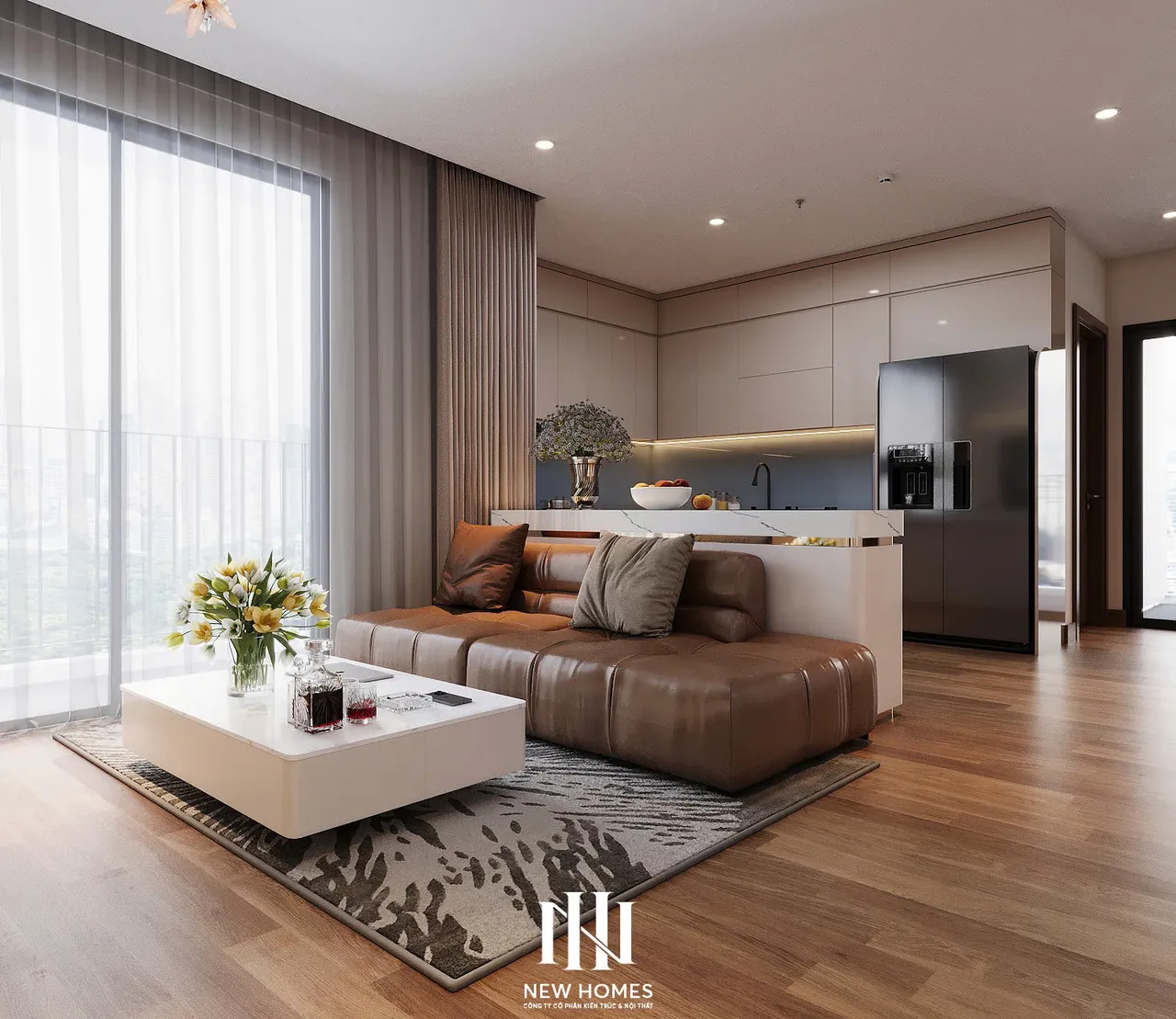 Căn 3PN Hiện đại — The Zurich ZR2 Vinhomes Ocean Park — phòng khách, thiết kế 3d